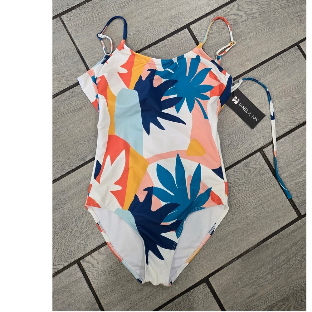 Janelabay Fun Palm Scoop Neck One-Piece Swimsuit Multicolor S‎ NWT